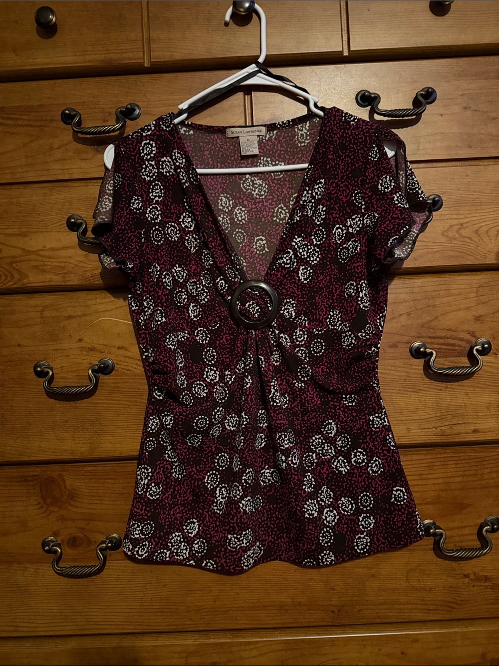 Susan Lawrence Burgundy V-Neck Top with Center Ring